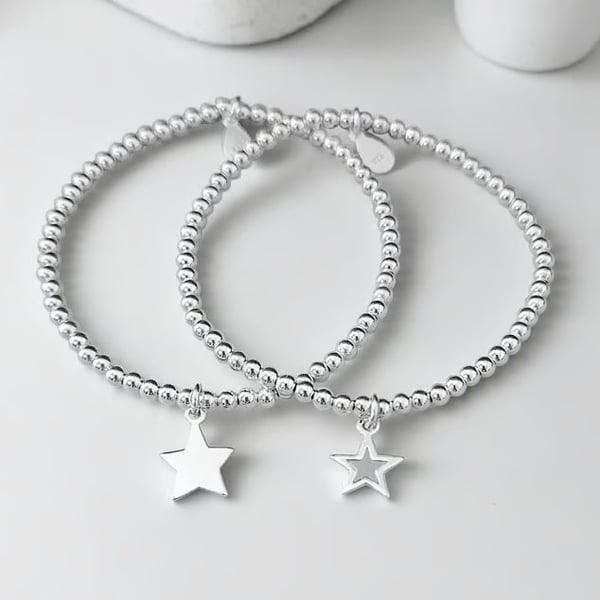Sterling Silver Star Charm Stretch Bracelet Set 925