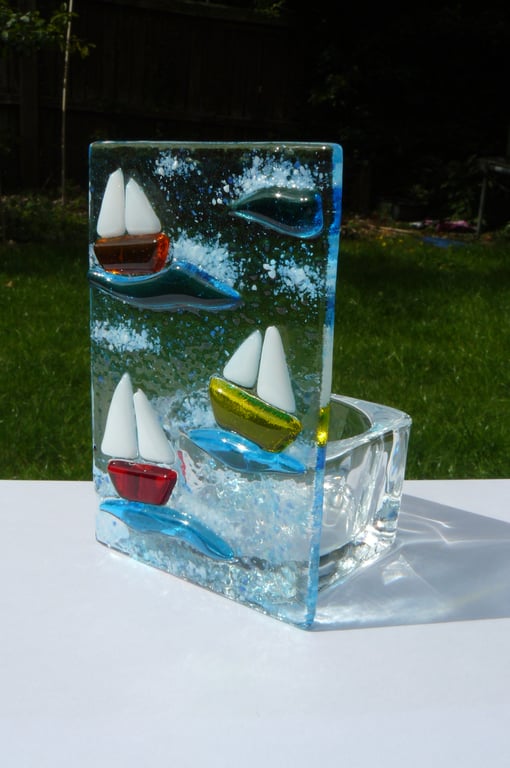 Fused Glass Orange, Yellow & Red Boats Tealight Holder 