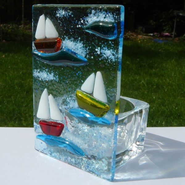 Fused Glass Orange, Yellow & Red Boats Tealight Holder 