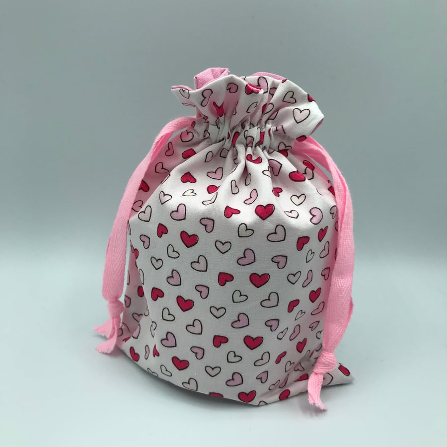 Pink and White Hearts Fabric Reusable Fully Lined Gift Bag - Small Size