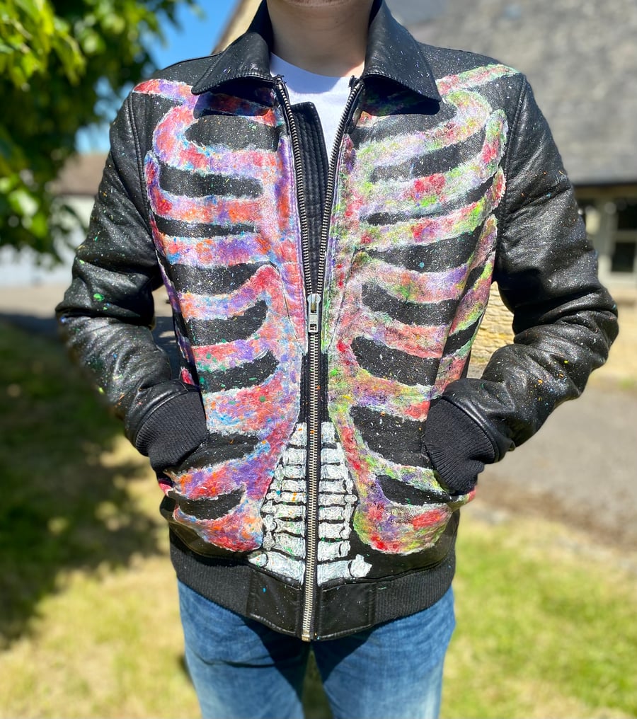 Go Vegan Ribcage Bomber – Hand-Painted Statement Leather Jacket