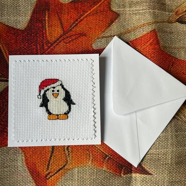 Cross Stitched Christmas Penguin Card Blank Inside 3 inch x 3 inch 