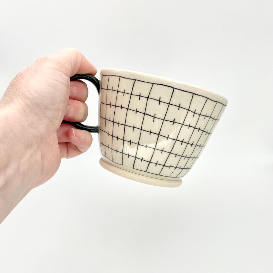 Handmade Mug - Black Grid Squares Linework - Birthday Thank You Pottery Gift