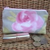 Large purse, coin purse - Pale grey with pink Rose