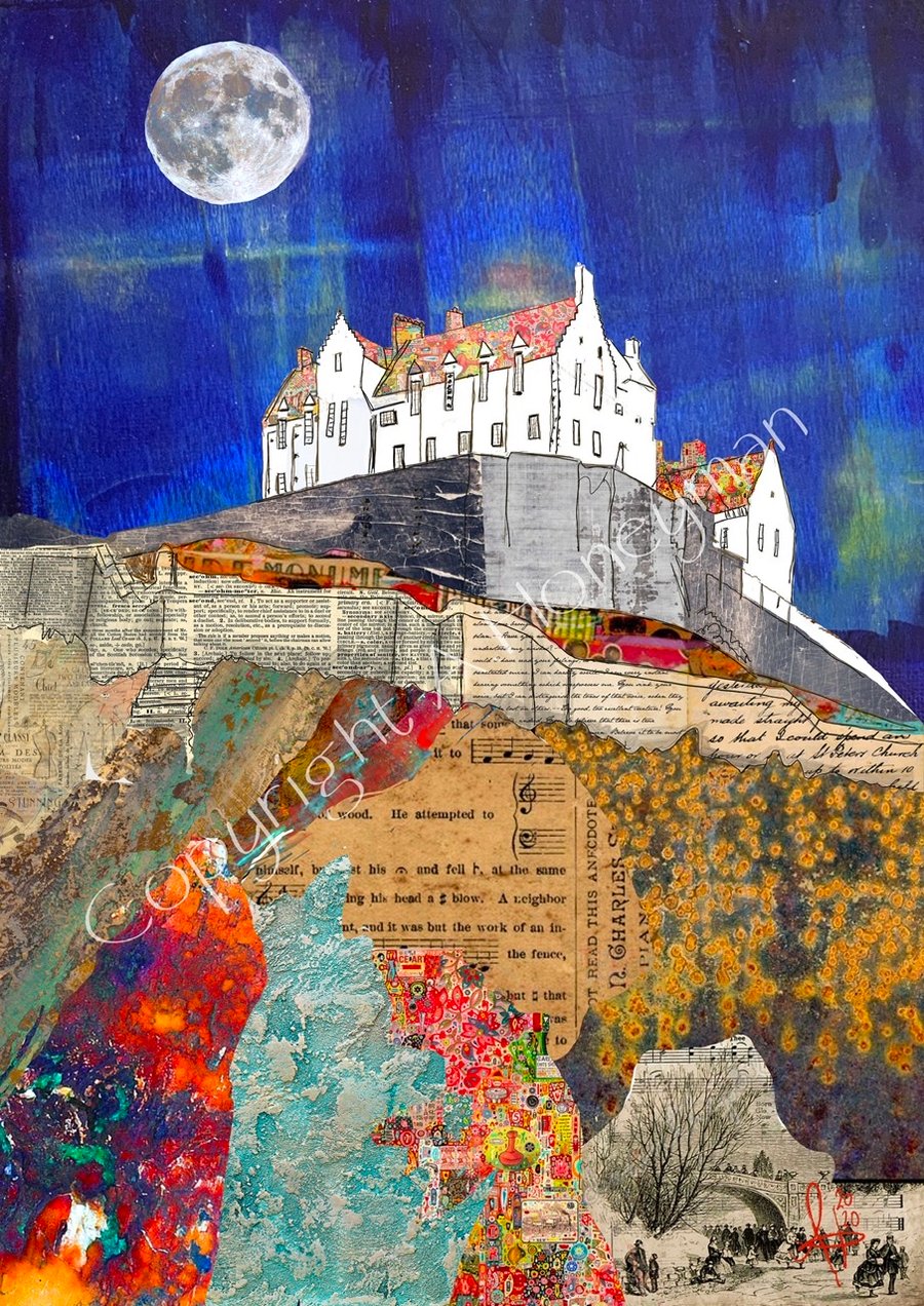Edinburgh Castle Mixed Media Art Print (Blue)
