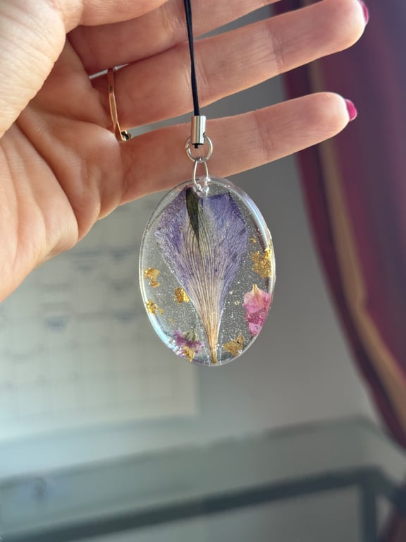 Pressed Flowers with Gold Leaf Phone or Bag Charm 