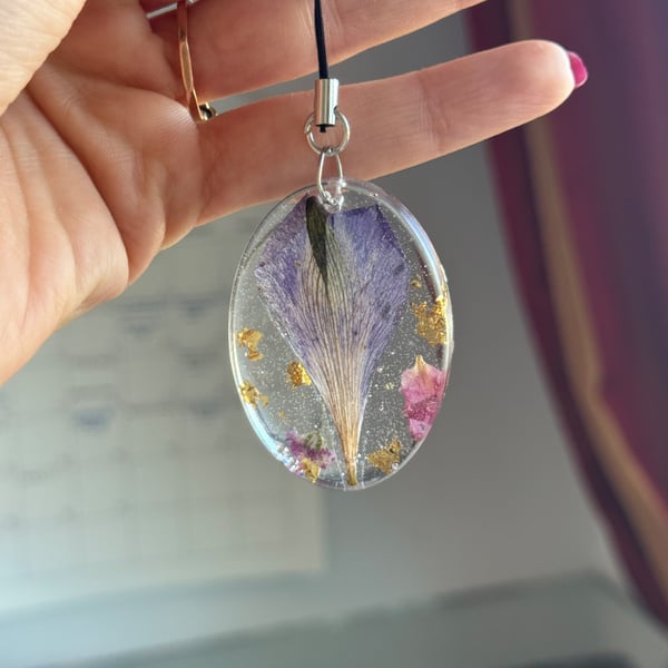 Pressed Flowers with Gold Leaf Phone or Bag Charm 