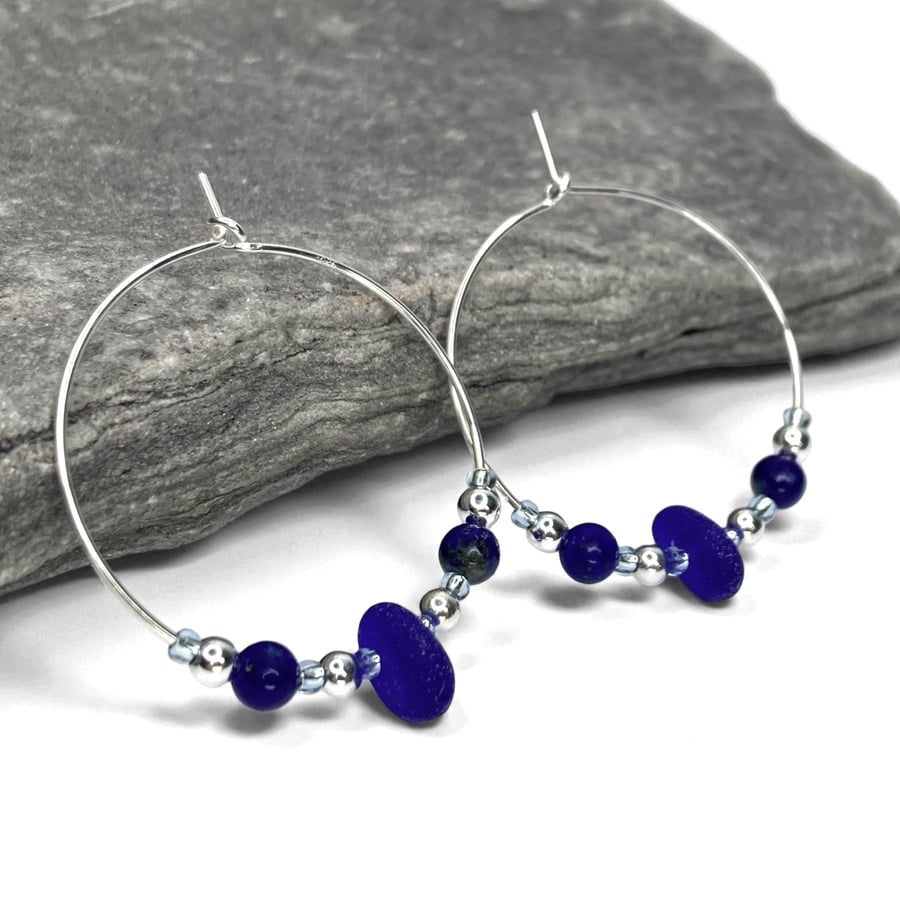 Blue Glass Hoop Earrings. Large Blue Sterling Silver Lapis Lazuli Beaded Hoops
