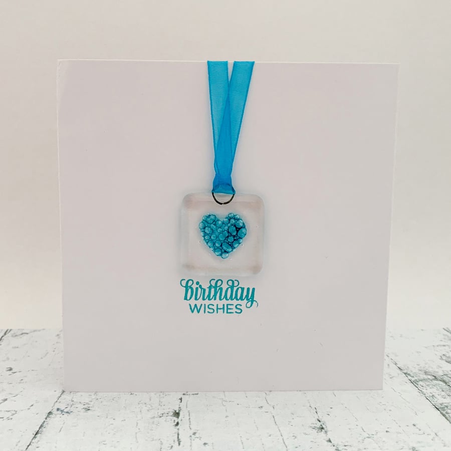 Birthday Card with Heart Fused Glass Keepsake Suncatcher