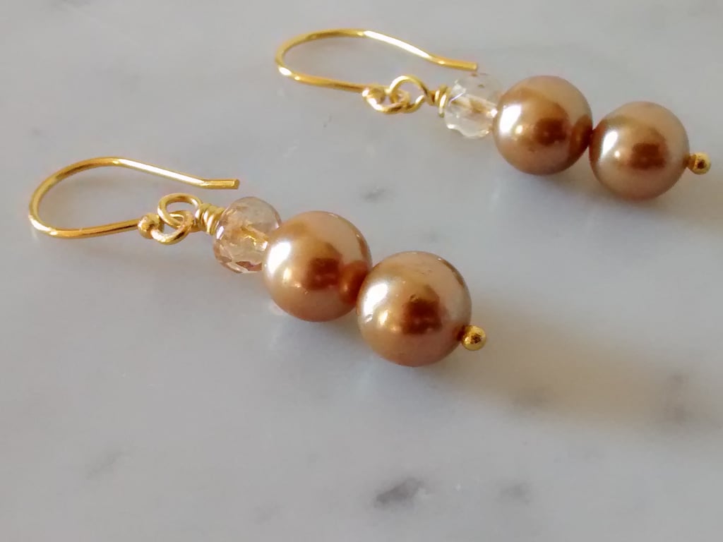 GOLD PEARL  AND CHAMPAGNE EARRINGS - - FREE SHIPPING 