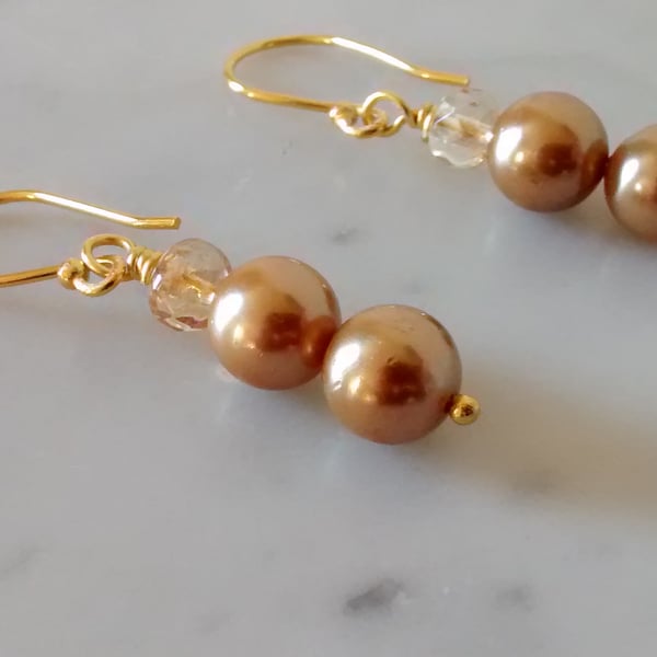 GOLD PEARL  AND CHAMPAGNE EARRINGS - - FREE SHIPPING 