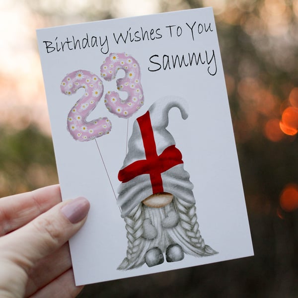 England Gnome Age Birthday Card, Card for 23rd Birthday, English Flag Gnome