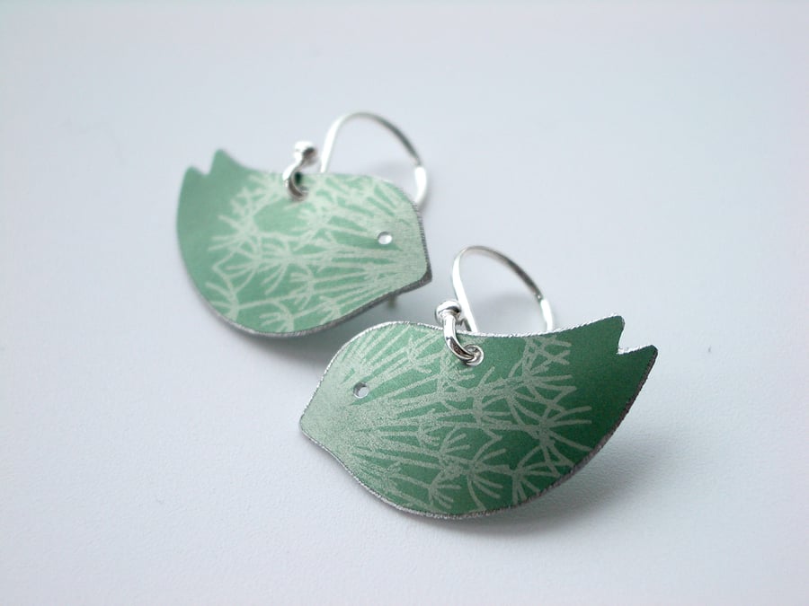 Bird earrings with dandelion clock print in green and silver