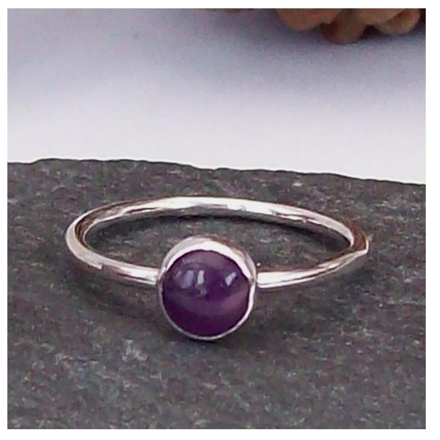 Amethyst stacking Ring Size N half, Solid Sterling Silver Gemstone Ring