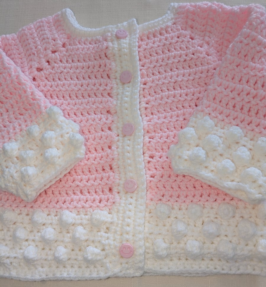 Pink and white Aran cardigan for 18 month old little girl 