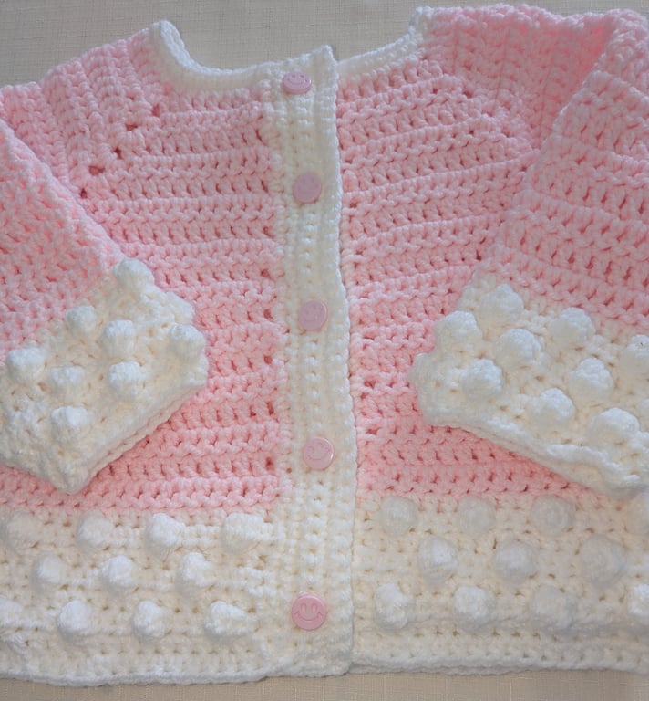 Pink and white Aran cardigan for 18 month old little girl 