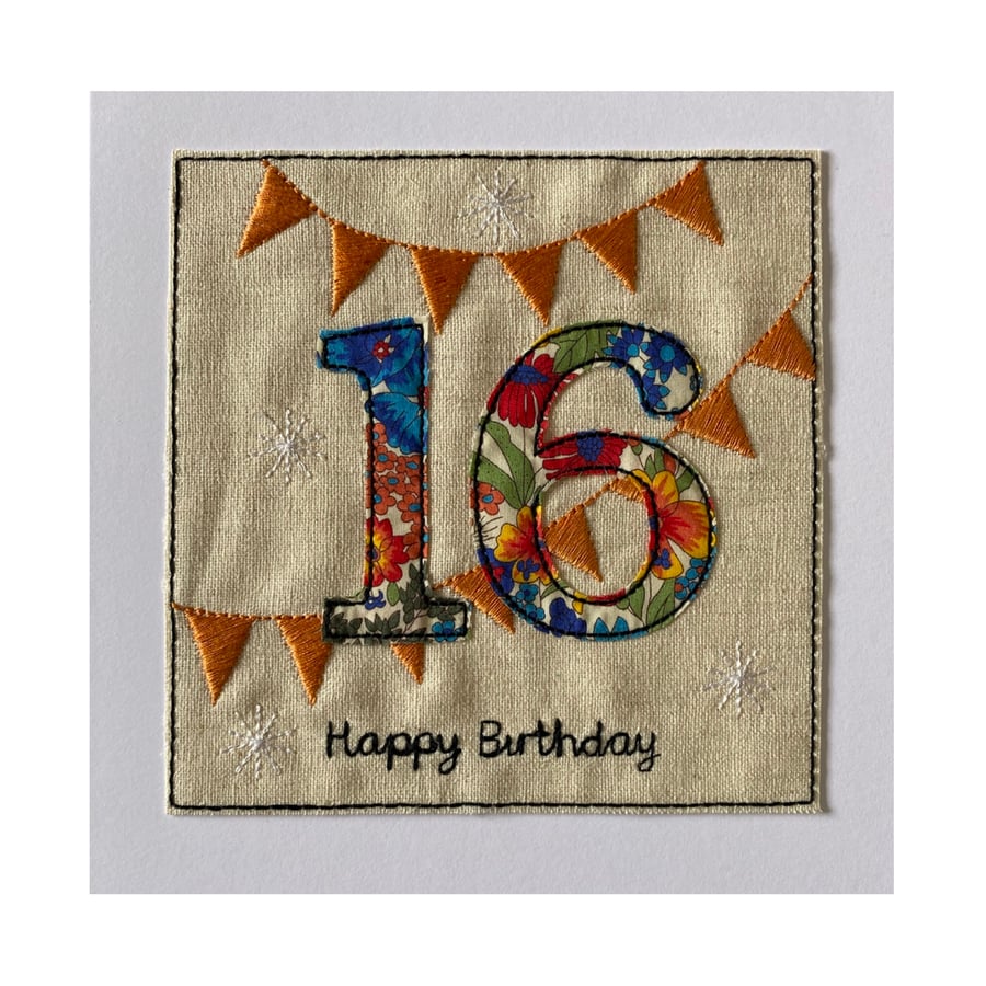 16th Birthday Card, Liberty Floral 16th Card, Teenager Card, 16th Bunting Card
