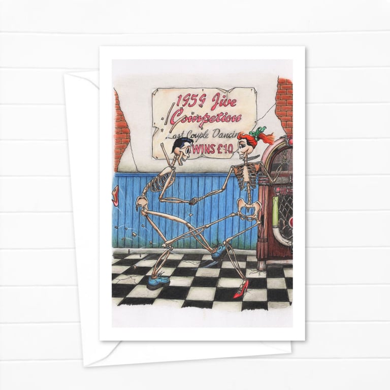 Dancing Skeletons Greeting Card:  Fun Cartoon Art for Any Occasion (504)