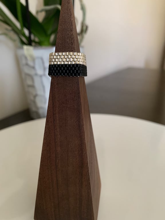 Stylish black and silver beaded ring