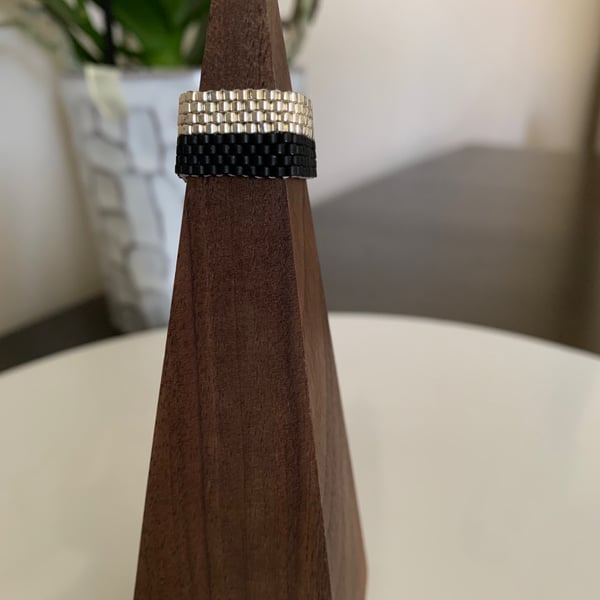 Stylish black and silver beaded ring