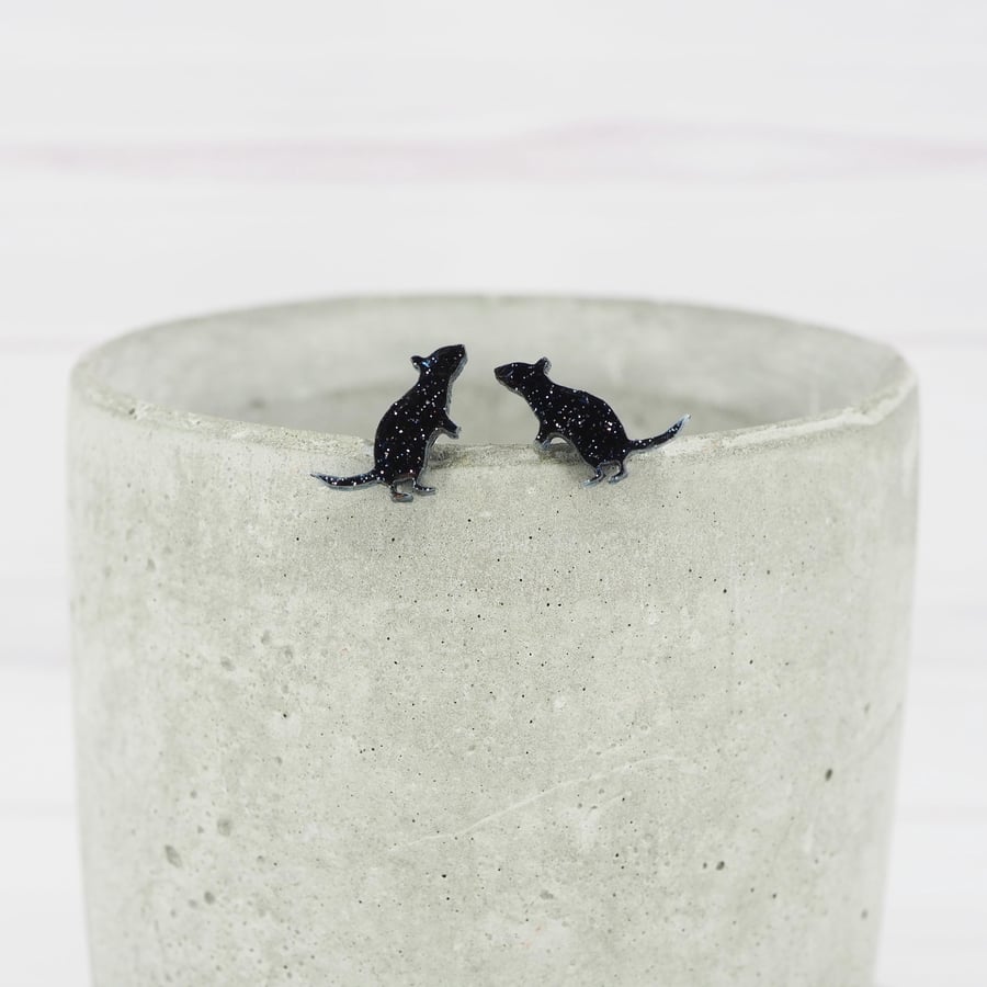Titanium posts - Black glitter rat stud earrings - Hypoallergenic studs