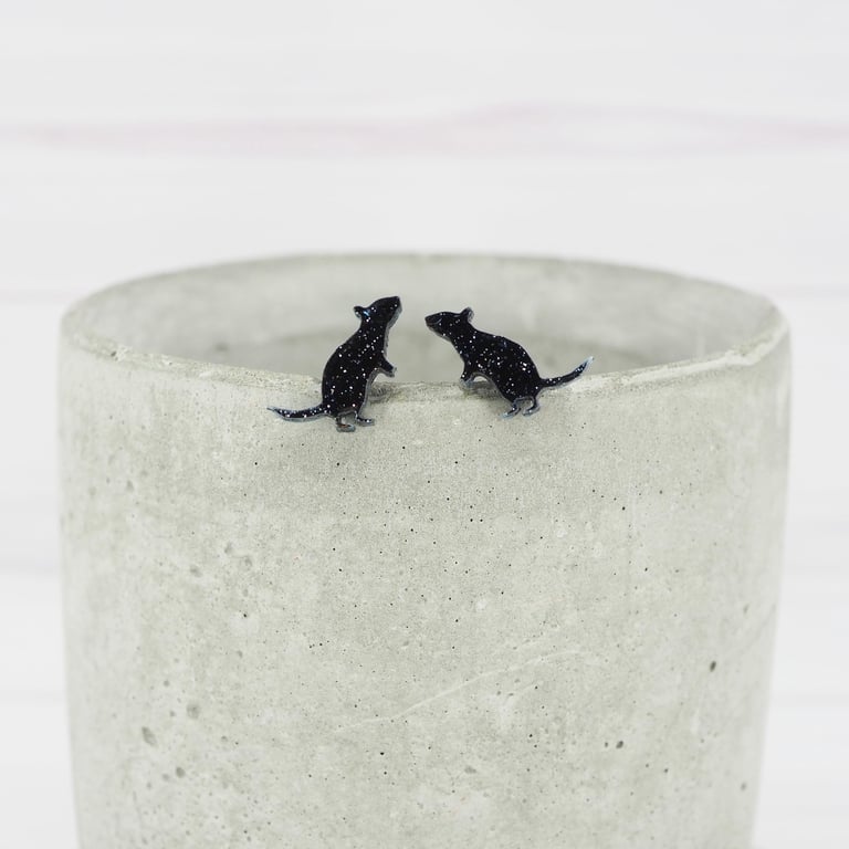 Titanium posts - Black glitter rat stud earrings - Hypoallergenic studs