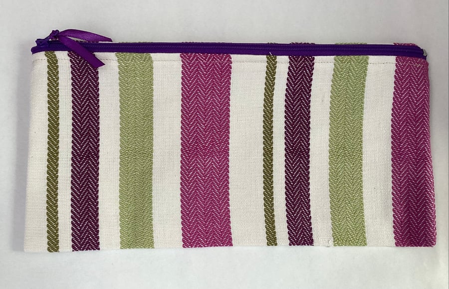 Zipped make up bag or pencil case striped cream linen feel fabric
