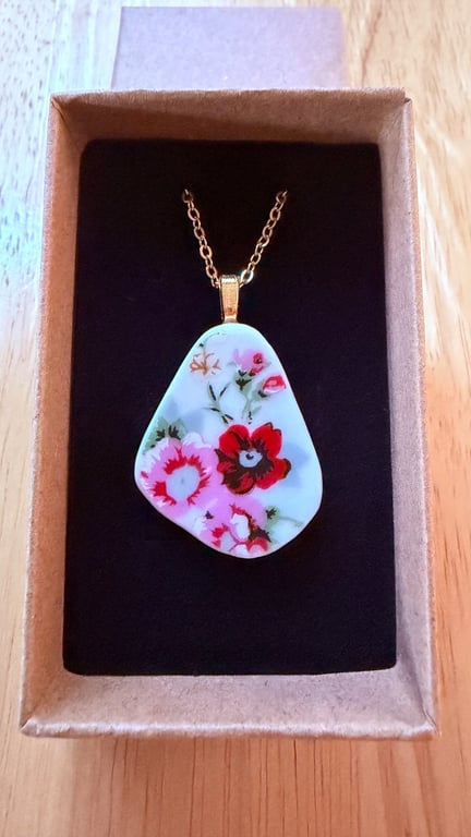 Upcycled bone china necklace floral pink flowers