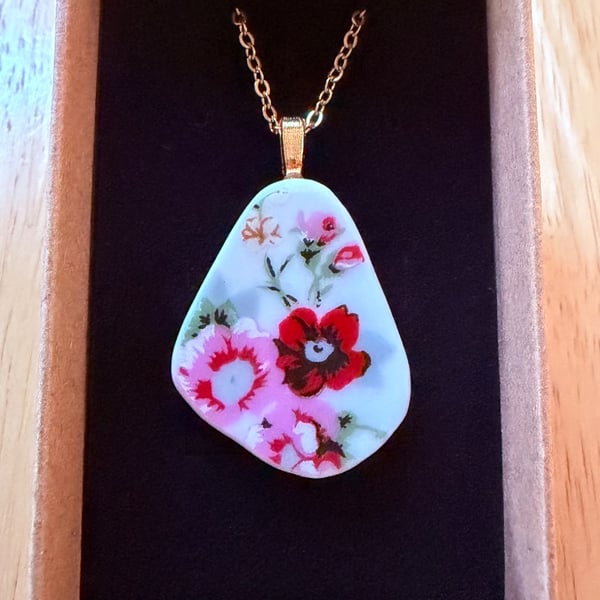 Upcycled bone china necklace floral pink flowers