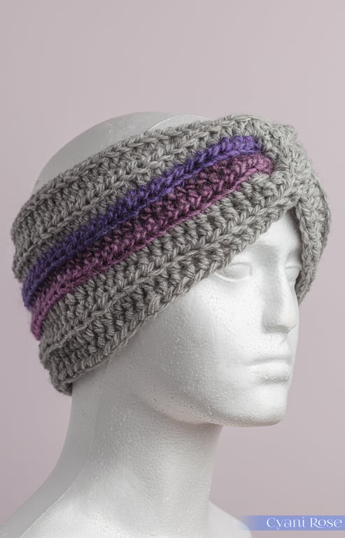 Earwarmer headband Crochet chunky  grey pink purple handmade