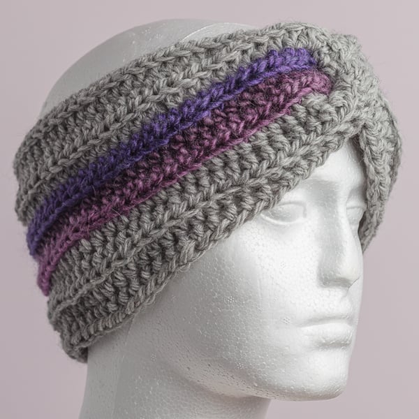 Earwarmer headband Crochet chunky  grey pink purple handmade