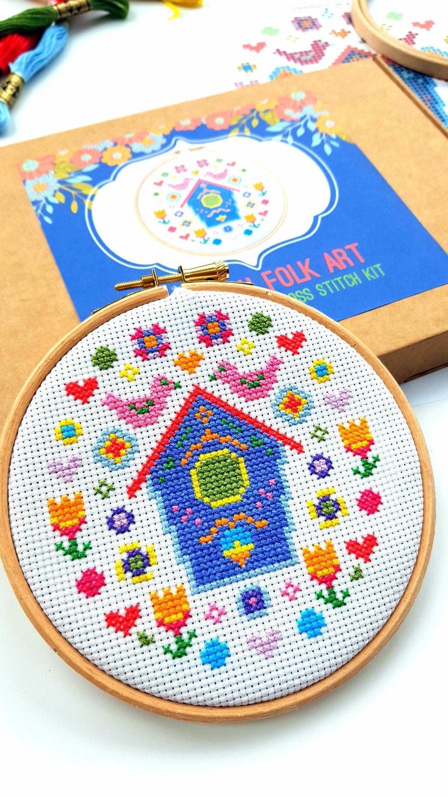 Modern Cross Stitch Kit With Hoop - Mini Swedish Folk Art