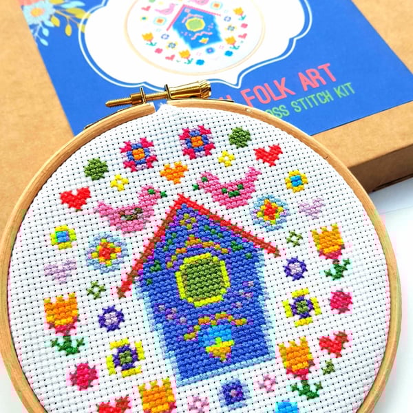 Modern Cross Stitch Kit With Hoop - Mini Swedish Folk Art