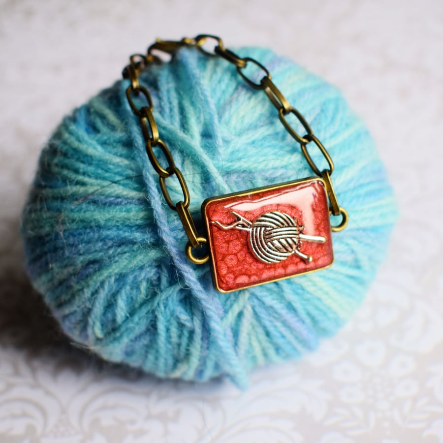 Knitting Yarn and Needles Bracelet, Gift for Knitter