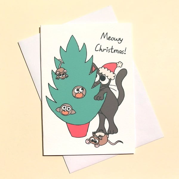 Cat Christmas Card with Black Cat Decorating Tree with Robins and Mice - A-MCC