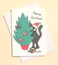 Cat Christmas Card with Black Cat Decorating Tree with Robins and Mice - A-MCC - Image 1