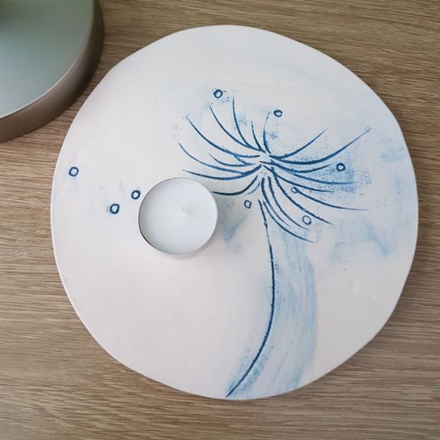 Handmade Blue Thistles Teasels Dandelions Ceramic Tea Light Holder