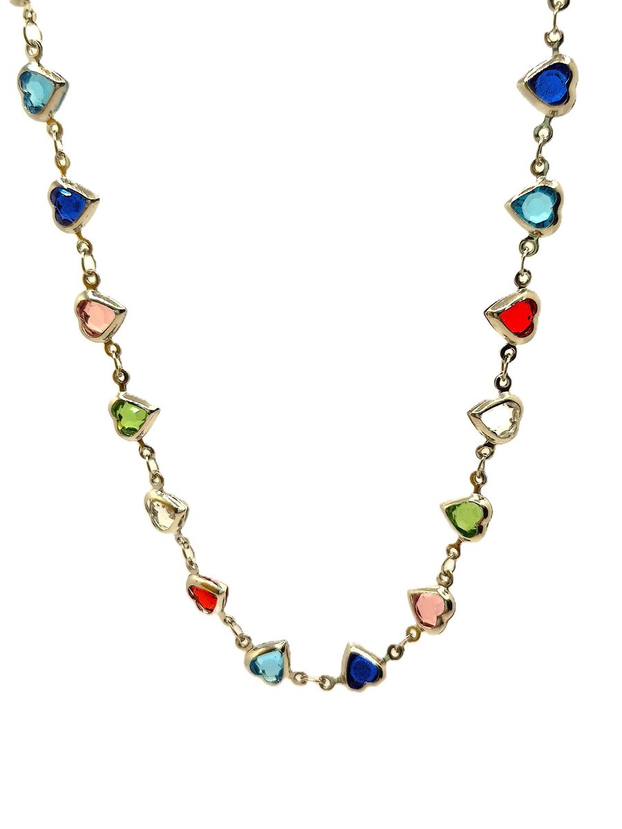 Simulated multi coloured crystal hearts rosary link necklace silvertone