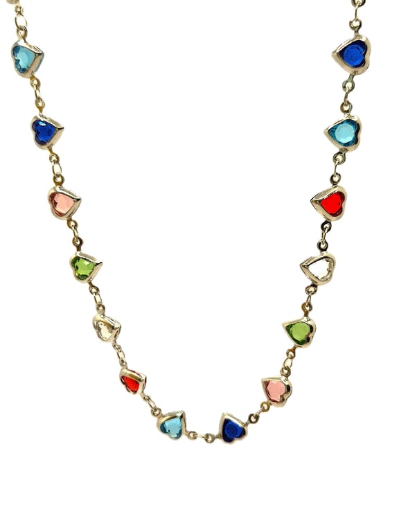 Simulated multi coloured crystal hearts rosary link necklace silvertone
