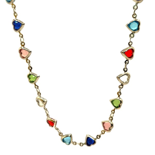 Simulated multi coloured crystal hearts rosary link necklace silvertone