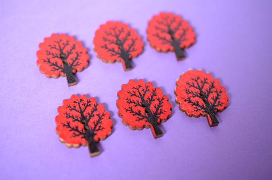 Wooden Tree Buttons Red 6pk 32x24mm Woodland (T3)