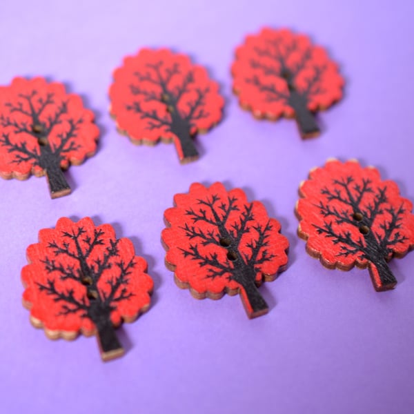 Wooden Tree Buttons Red 6pk 32x24mm Woodland (T3)