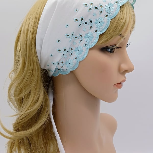 Embroidered cotton hair covering, lightweight head scarf, hair tie