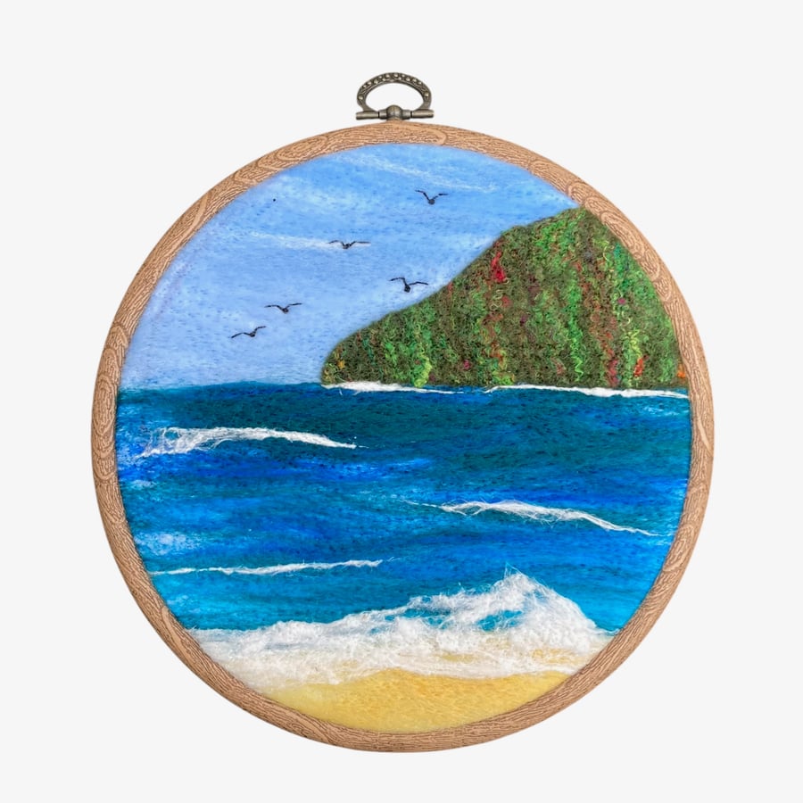 Seascape, headland, needle felted hoop art