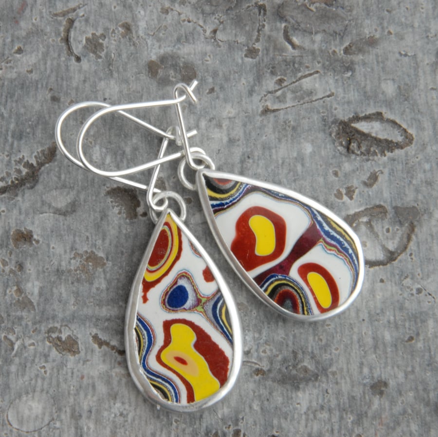 Colourful fordite and sterling silver drop earrings
