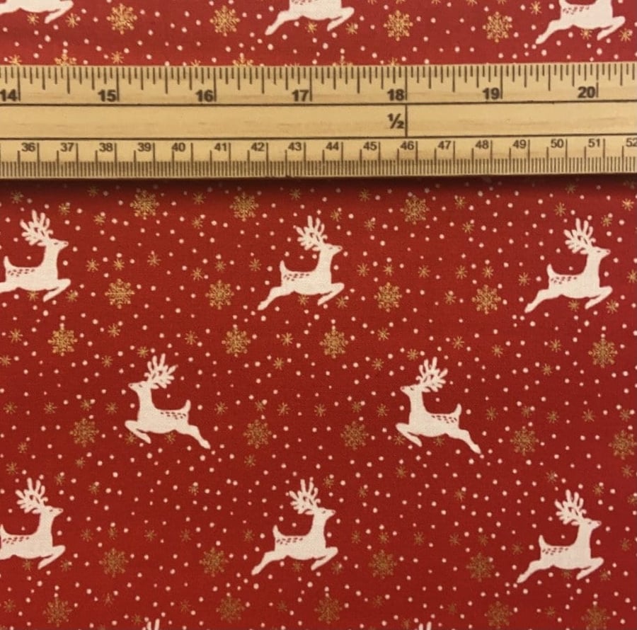 Fat Quarter Scandi Christmas Reindeer & Metallic Snowflakes Red Quilting Fabric