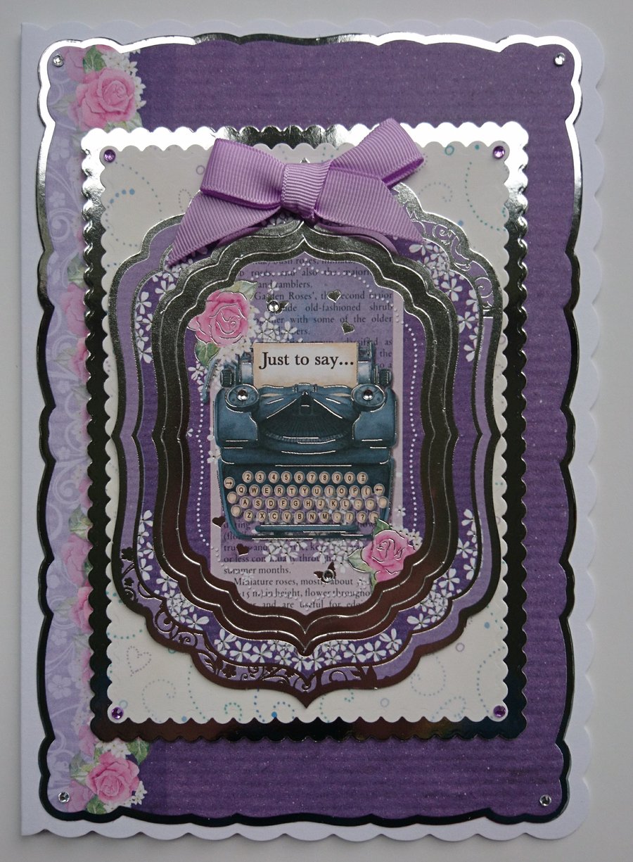 Typewriter Card Vintage Typewriter and Pink Roses Just to Say 3D Luxury Handmade