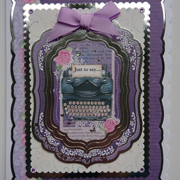 Typewriter Card Vintage Typewriter and Pink Roses Just to Say 3D Luxury Handmade