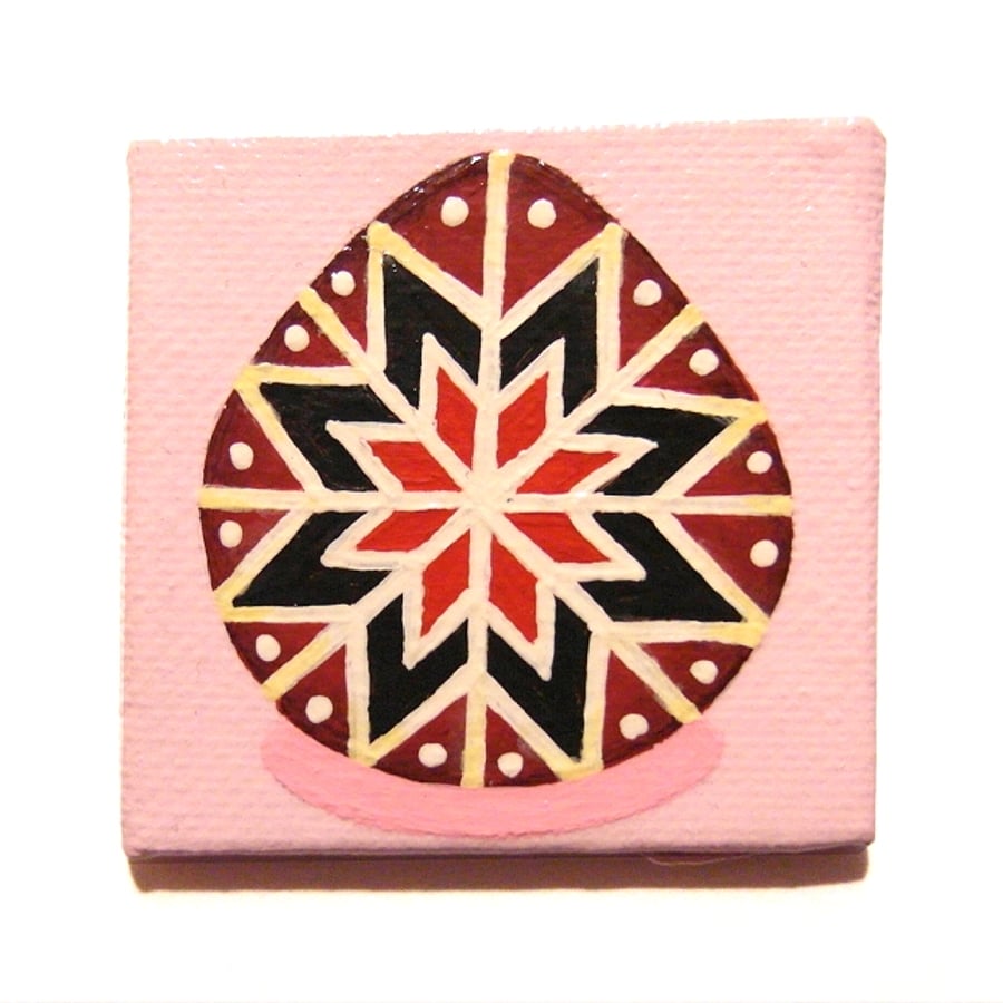 Painted Fridge Magnet with Original Egg Art, pink and red Ukrainian design