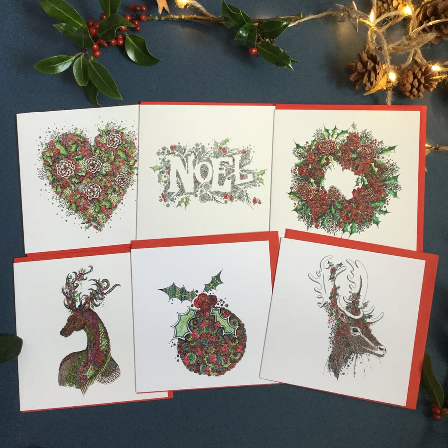 Holly inspired Christmas card pack x 6 different designs 